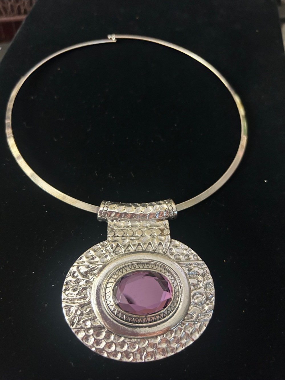 Silver-Tone Pendant Necklace with Purple Gemstone